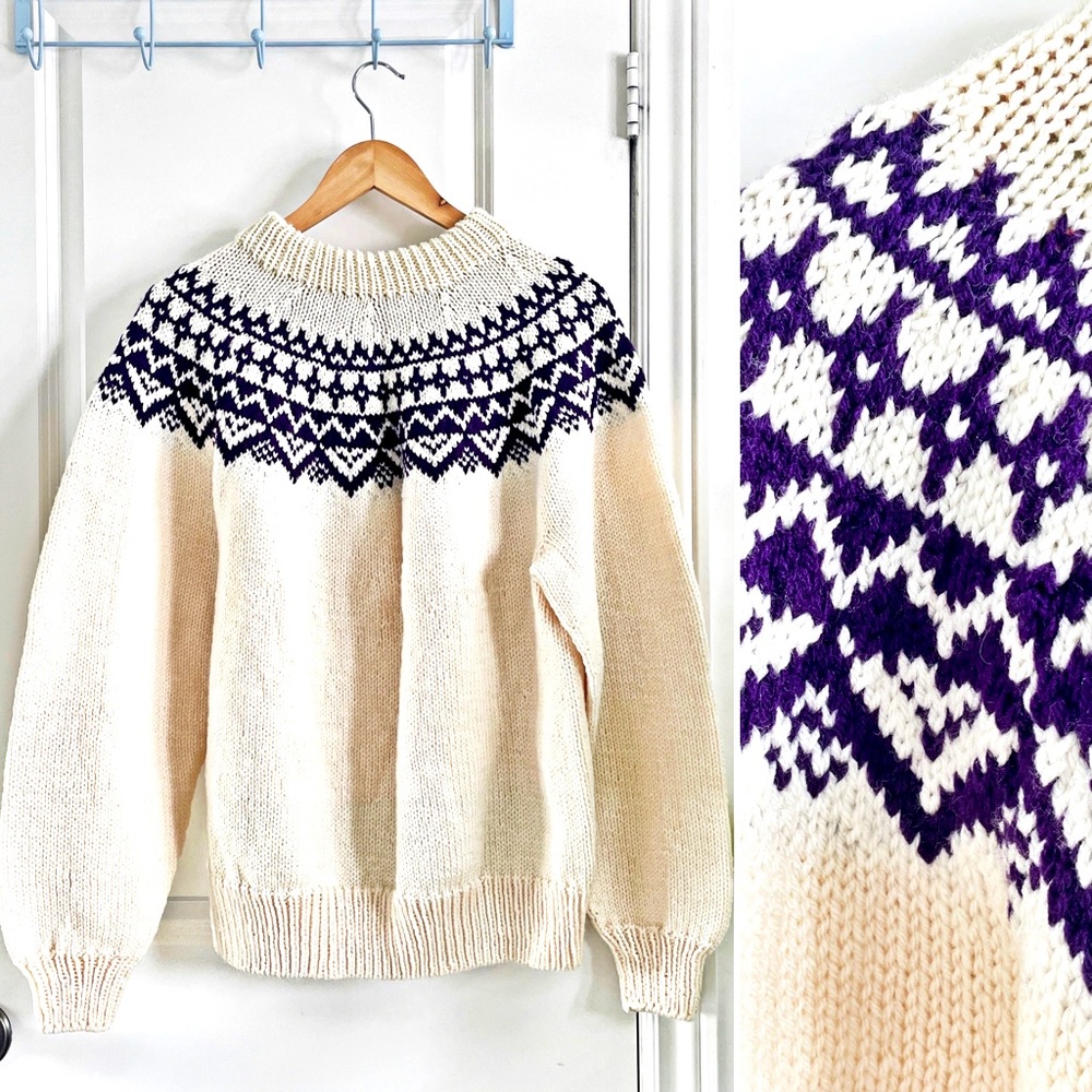 Vintage Cream and Purple Fair Isle Knit Sweater - Women's